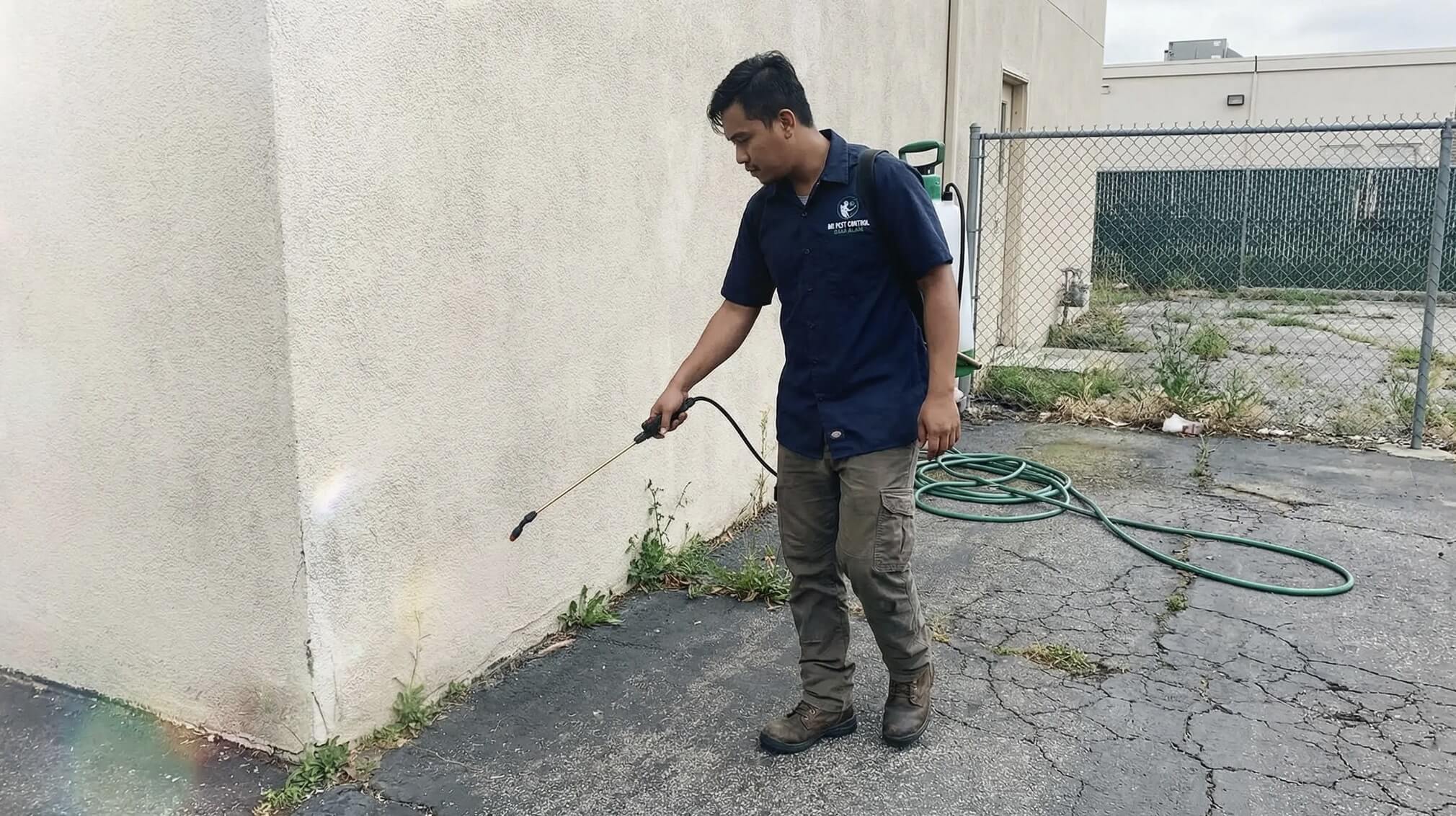 Pest control technician spraying perimeter